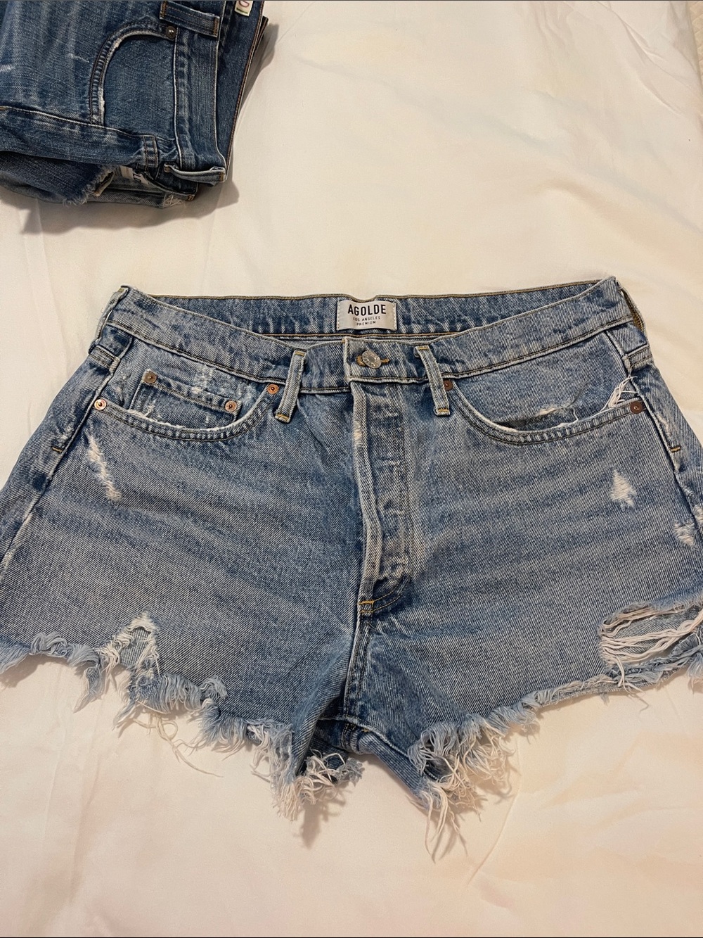Agolde Parker Swapmeet Light Blue Distressed High-Rise Denim Shorts